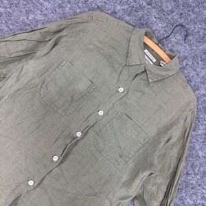 Banana Republic Womens Irish Linen Button Down Shirt Olive Green Pocket Medium
